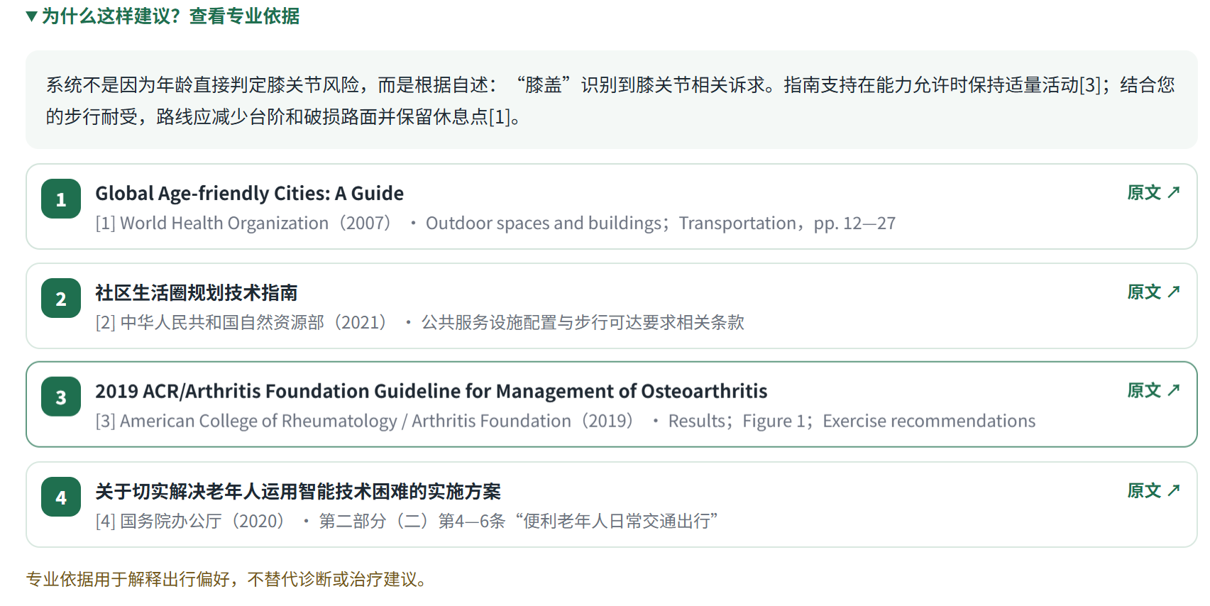 建议依据面板：四条可展开的引用来源，含 WHO、自然资源部、ACR 与国务院办公厅文件